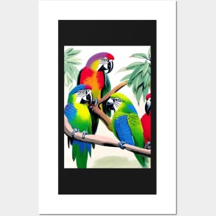 PARROTS HAVING A CHAT IN A TROPICAL FOREST Posters and Art